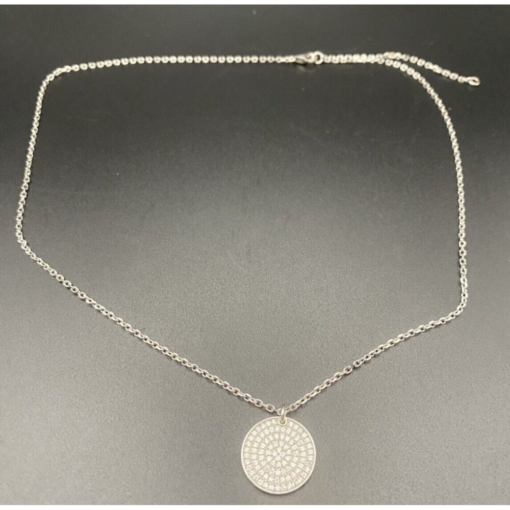 Sterling Silver 16+2” Necklace Pave Cubic Zirconia Circle Pendant 3.7 grams Moon - Picture 2 of 7